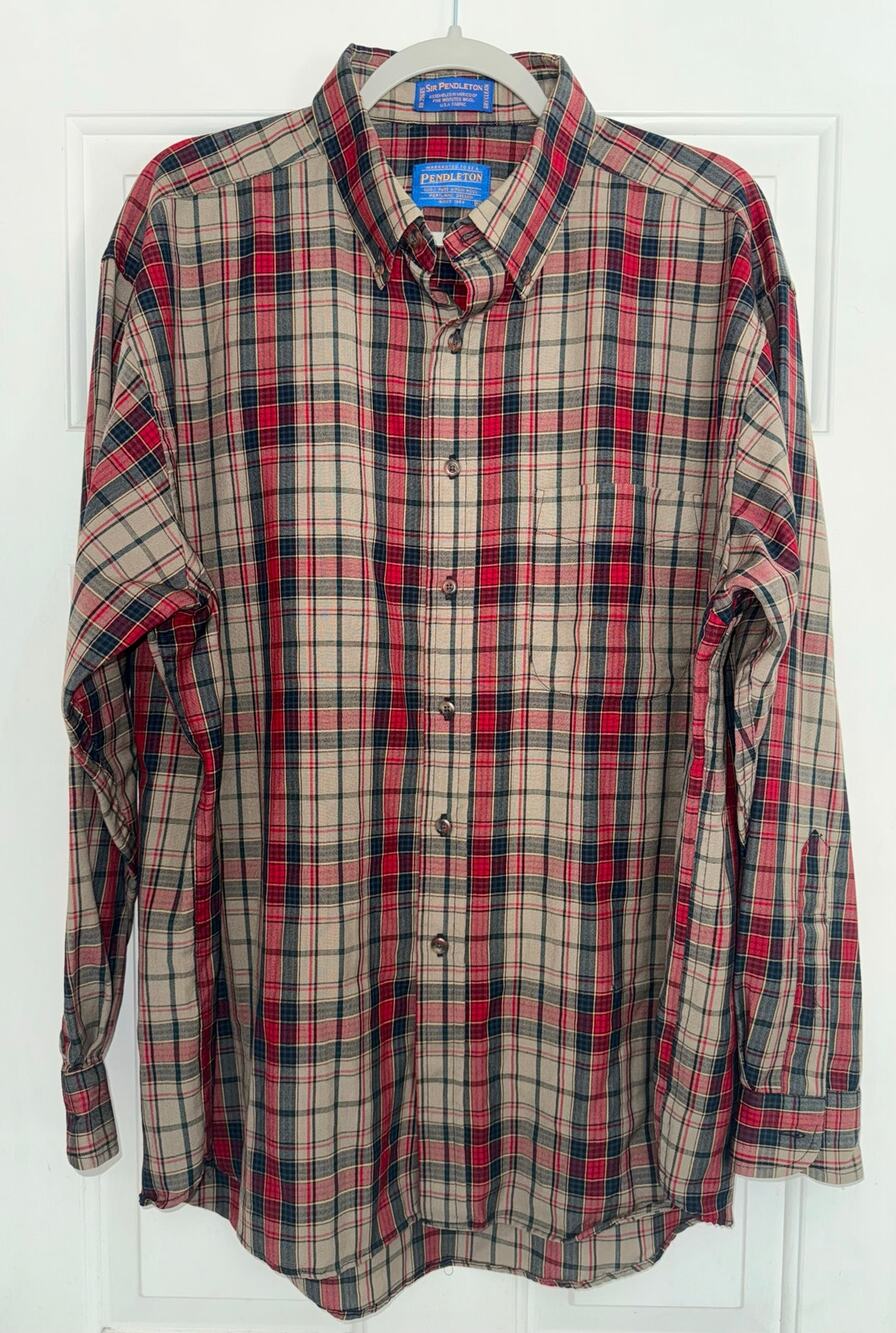 Sir Pendleton Button Front Shirt  Brow/ Blue/Red Plaid Wool FLAW - size XL